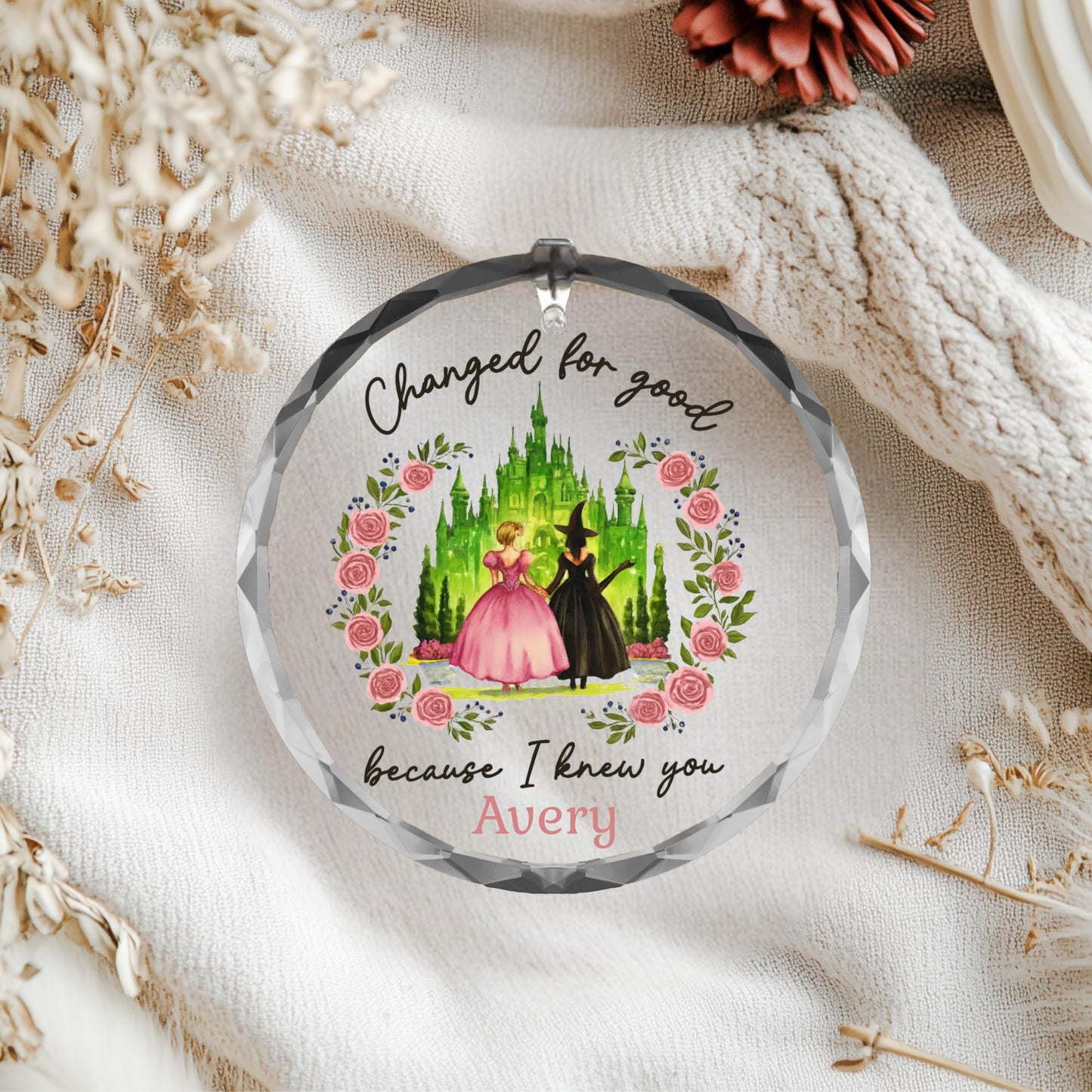 Wicked Christmas Glass Ornament, Elphaba Glinda Ornament, Change for Good, Friendship Broadway Wicked Musical (Ceramic 2 Side, 1)
