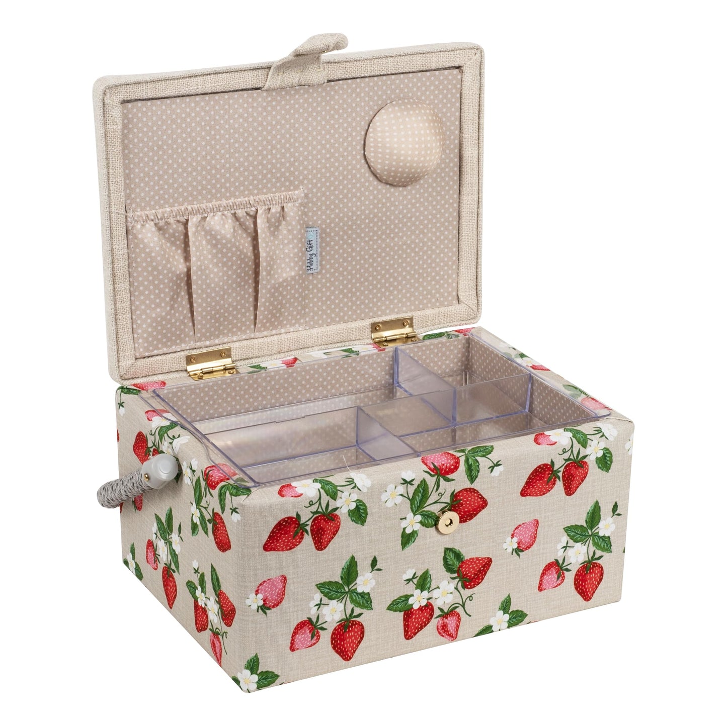 Hobby Gift Medium Sewing Box Organiser, Fabric Covered Storage Box with Handle, Internal Tray, Pin Cushion and Pocket for Sewing, Quilting and Knitting Supplies