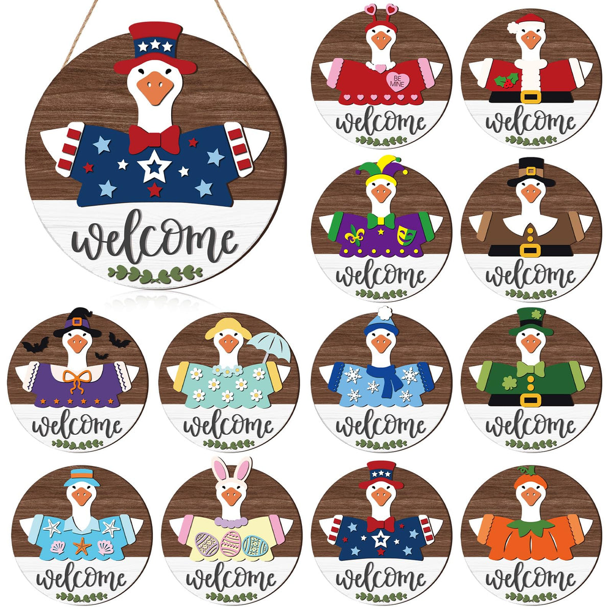 Weysat 25 Pcs Interchangeable Wooden Goose Decor, 11.8 Inch Holiday Seasonal Welcome Changeable Geese Signs Rustic Farmhouse Front Door Round Wreaths Wall Hanging Decorations for Porch Home Outdoor