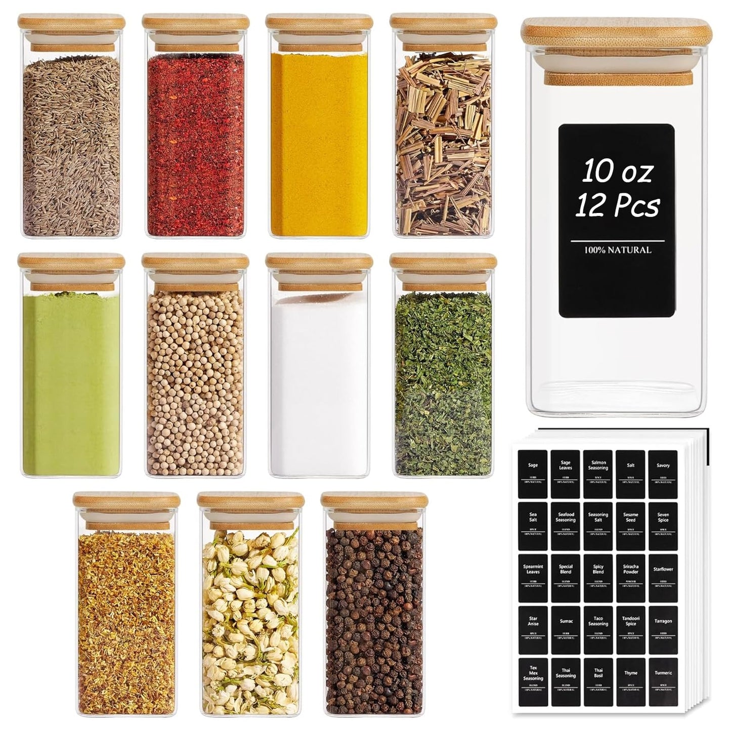 ComSaf 16Pcs Glass Spice Jars with Bamboo Lid, 4oz Airtight Square Spice Containers with 275 Black Lables, Empty Seasoning Jars for Spice Salt Sugar