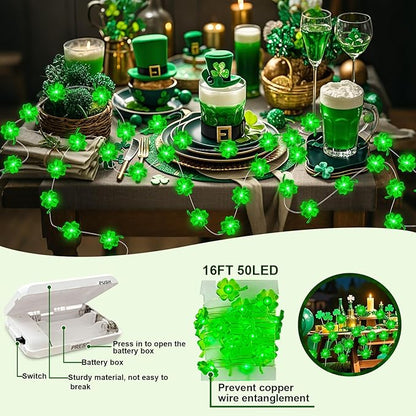 Aogist St. Patrick 's Day Decorations Clover String Lights, 16 ft 50 LED Green Shamrock Fairy Light for Saint Patrick’s Day Decor, Lucky Irish Decals Party Ornaments, Irish Party Supplies (2 Pack)