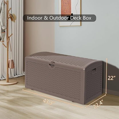 Upgrade 80 Gallon Waterproof Large Resin Deck Box Indoor/Outdoor Lockable Storage Container and Seating for Garden, Pool, and Patio (80 Pro Gallon, Brown)
