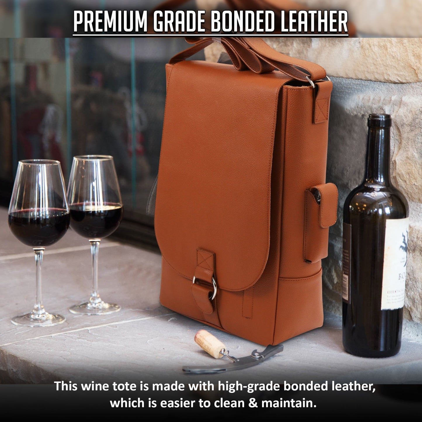 Primeware Vino2 Two Bottles Saddle Leather Wine Tote Messenger Carrier (Brown)