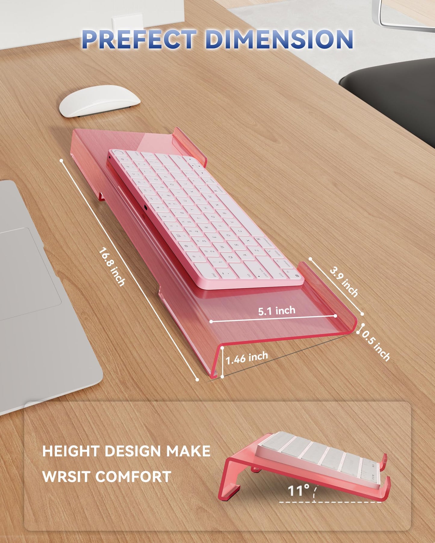 Ergonomic Computer Keyboard Stand for Desktop (Clear Pink), Keyboard Tilted Elevated Rack Key Board Holder Riser Stand for Office Home Desk Work