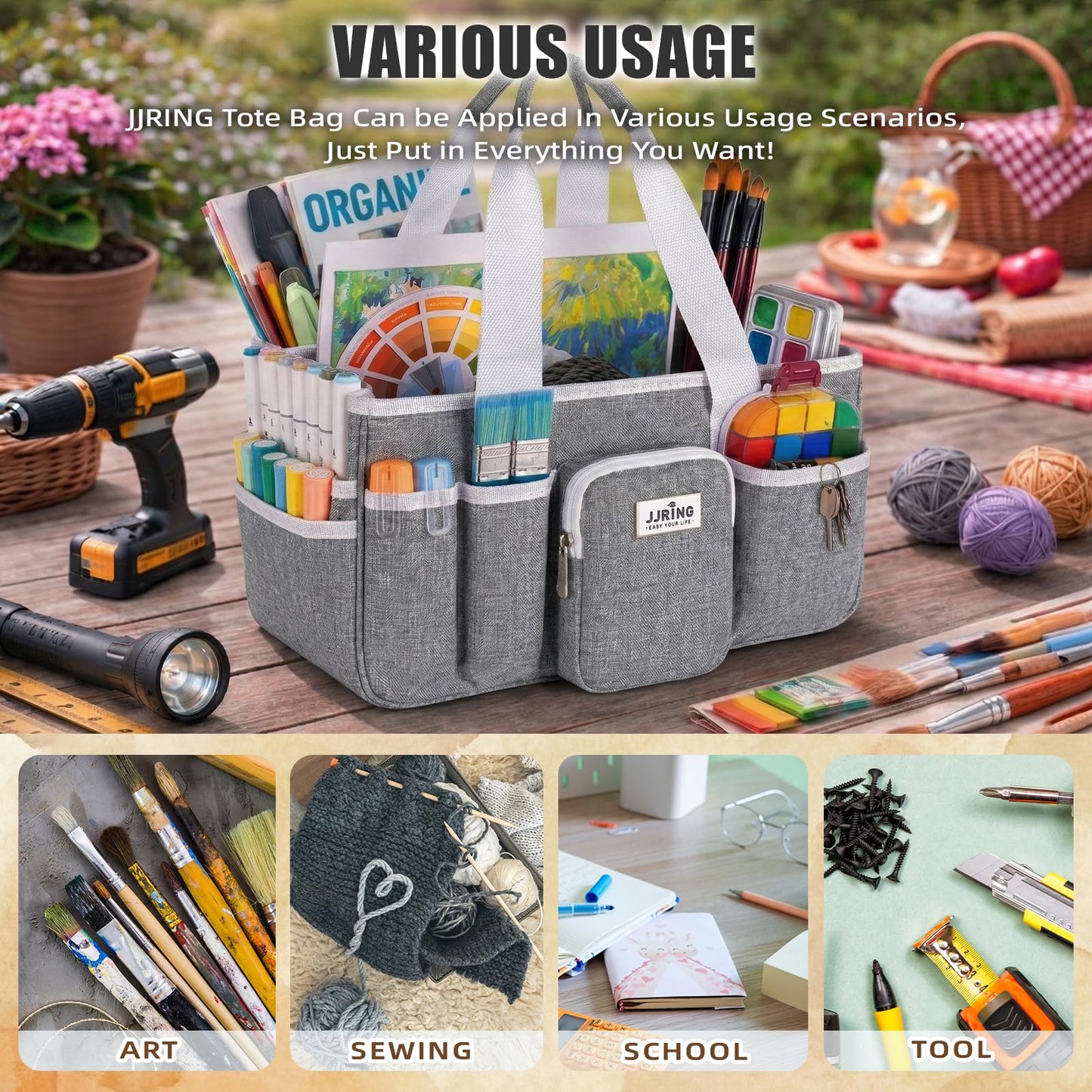 JJRING Craft Organizer Tote Bag, Portable Art Caddy with Adjustable Divider&Secure Zipper Pocket, Large Foldable Storage Tote for Scrapbooking, Sewing, Artist and Home(Grey)