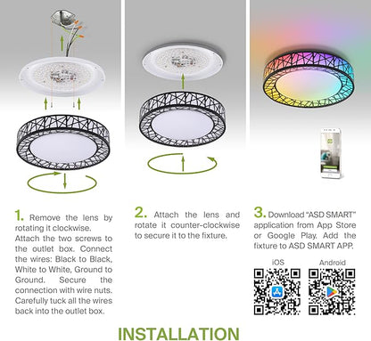 ASD 12 Inch Smart RGBW Flush Mount Ceiling Light with Remote - Matte Black 20W 120V 2700-6500K Dimmable Ceiling Light Fixture, WiFi App Control RGB Lights, Alexa & Google Assistant - ETL, 4 Pack