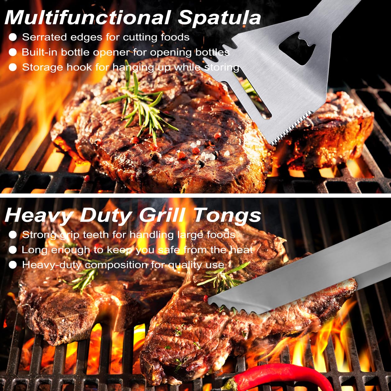 POLIGO 29 PCS BBQ Grill Accessories Stainless Steel BBQ Tools Grilling Tools Set with Storage Bag for Fathers Day Dads Birthday Presents - Camping Grill Utensils Set Ideal Grilling Gift for Men Silver