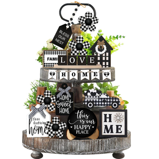 23Pcs Farmhouse Home Tiered Tray Decor Set - Rustic Wooden Tabletop Decorations with Vintage Country Style for Kitchen, Living Room, Shelf & Coffee Bar | All-Season Home Decor Accents(No Tray)