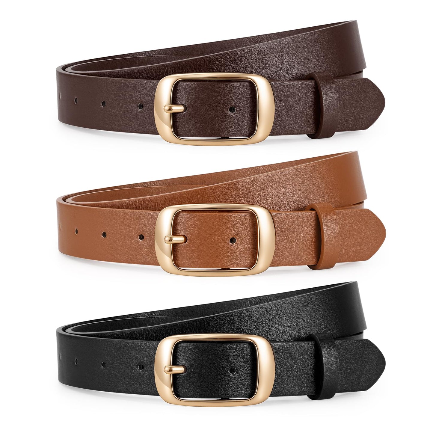JASGOOD 3 Pack Women Belts for Jeans Pants Fashion Leather Waist Belt for Women with Gold Buckle,Black+Brown+Coffee