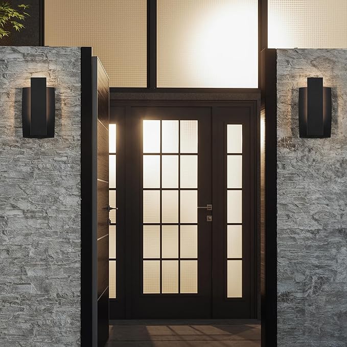 LamQee Modern Outdoor Wall Lights For House LED Integrated, Aluminum Outdoor Porch Light Fixture Wall Mount, 3000K 10W Exterior Wall Sconce Lighting Patio Front Door Garage Indoor, 2 Pack, Matte Black