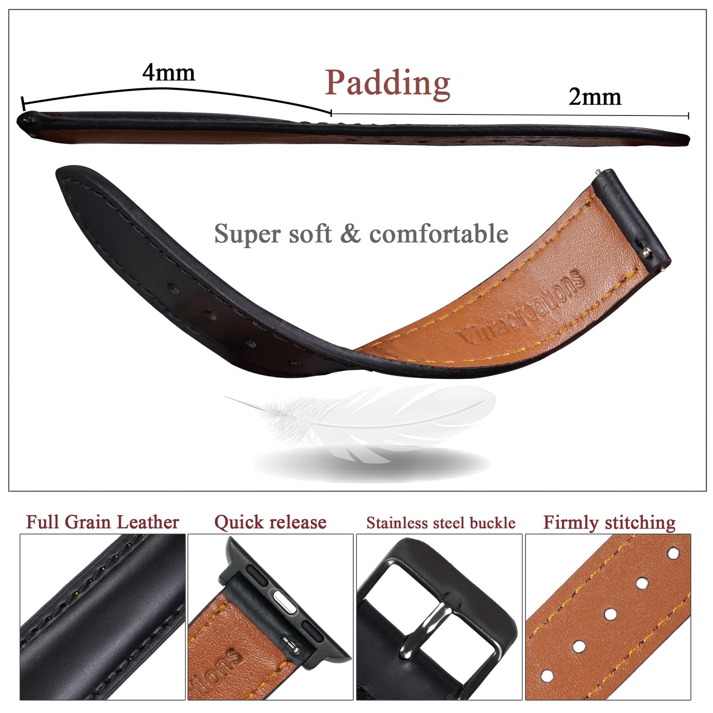 Black Full Grain Leather Watch Strap Compatible for Apple Watch Bands With 49mm 46mm 45mm 44mm 42mm Iwatch Men Handmade Replacement Band For Smartwatch Series 11 10 9 8 7 6 5 4 3 2 1 SE Gift Vintage AW-201-DE-LL
