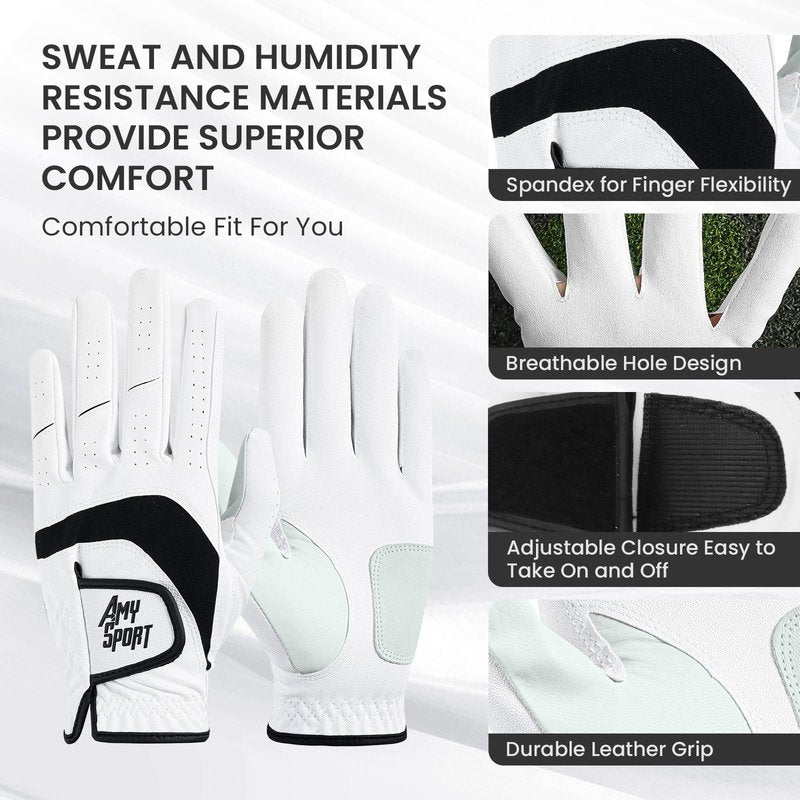 Amy Sport Golf Gloves Men Right Handed Golfer Left Hand 3 Pack PU Leather All Weather Grip Soft Breathable Flexible for Mens