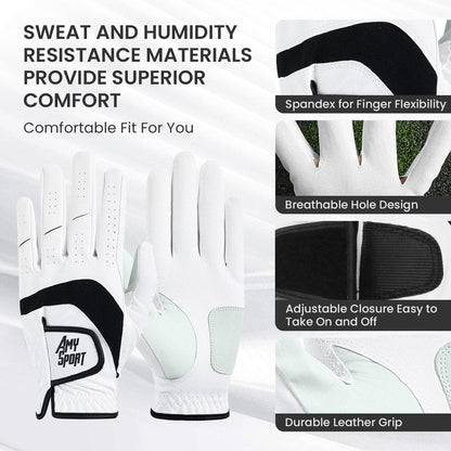 Amy Sport Golf Gloves Men Right Handed Golfer Left Hand 3 Pack PU Leather All Weather Grip Soft Breathable Flexible for Mens (White-3 Pack, Large, Right)
