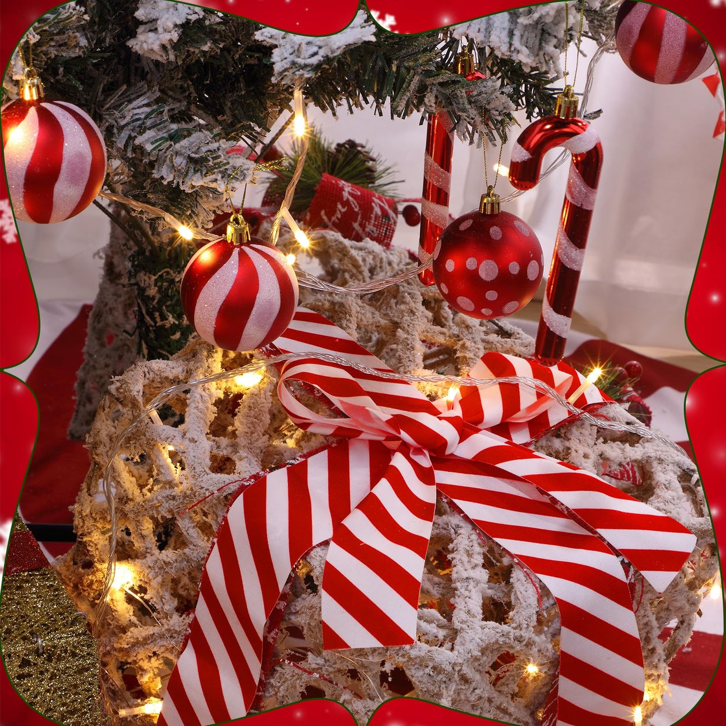Shappy 38 Pcs Christmas Tree Ornaments Sets, Candy Cane Red White Stripes Xmas Tree Hanging Decorations, Plastic Xmas Ball Variety Shapes with Ribbon New Year Holiday Party Supplies(Cute,47.2'')