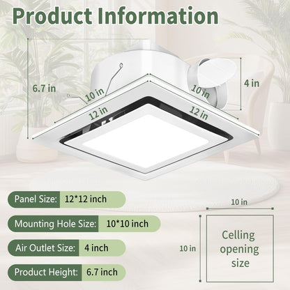 Orvexa Bathroom Exhaust Fan with Light, 140 CFM 1.0 Sone Quiet Bathroom Fan with Light, 12" x 12" Panel, 10" x 10" Ceiling Opening, 4" Duct, 6500K 1200LM LED, Independent Fan & Light Controls