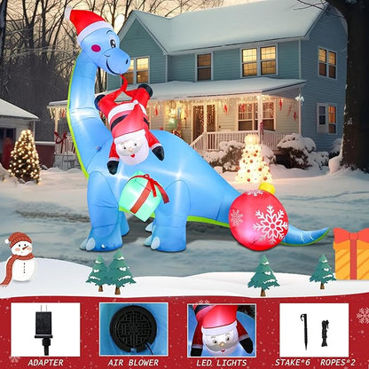 10FT Christmas Inflatable Outdoor Decorations, Inflatable Dinosaur and Santa Claus Built-in LED Lights Blow Up Yard Decorations for Holiday Indoor Outdoor Party Garden Lawn