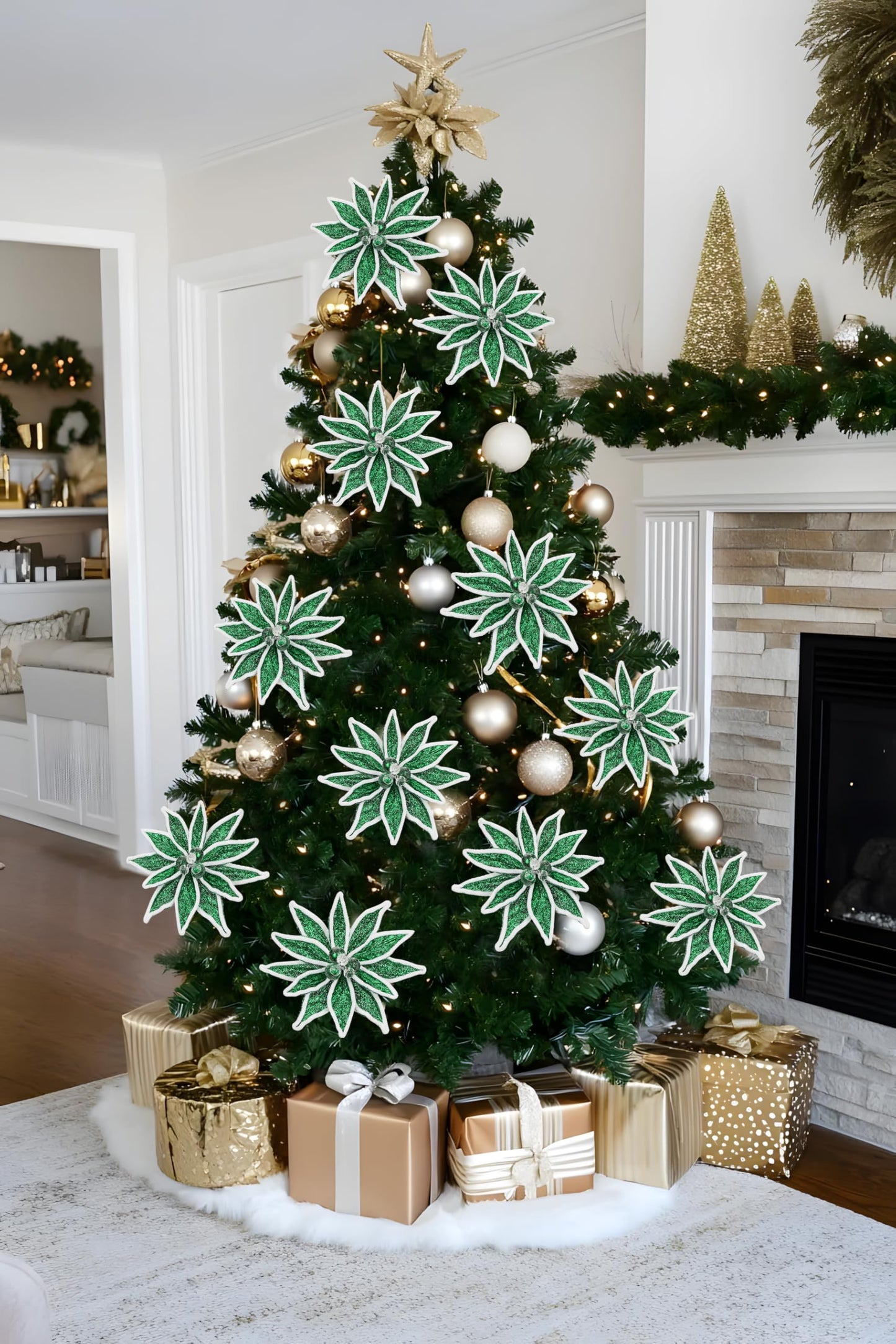 Briful 3PCS Green Poinsettia Artificial Christmas Flowers - 25.6" Long Stem Metallic Glitter Fabric Poinsettias Christmas Flower with Fur Edges for Xmas Home Wreath Garland Arrangement DIY Decor