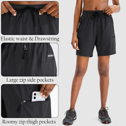 SANTINY Women's 5''/ 7''/9'' Hiking Cargo Shorts Quick Dry Lightweight Summer Shorts for Women Athletic Golf Zipper Pockets(Black_L)