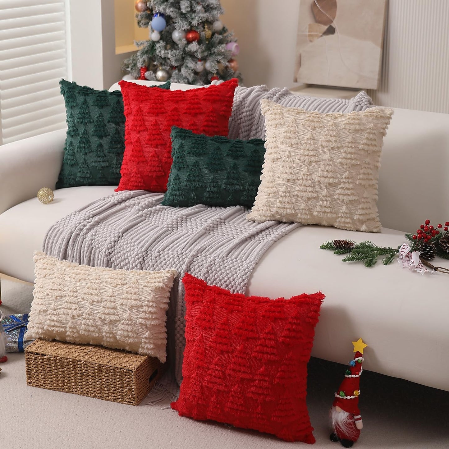 Allorry Christmas Pillow Covers 18 x 18 Set of 2 Xmas Decorations Beige Christmas Tree Pillow Cases Plush Faux Fur Soft Cushion Case for Winter Xmas Holiday Home Bedroom Sofa Decors SY-003-C18