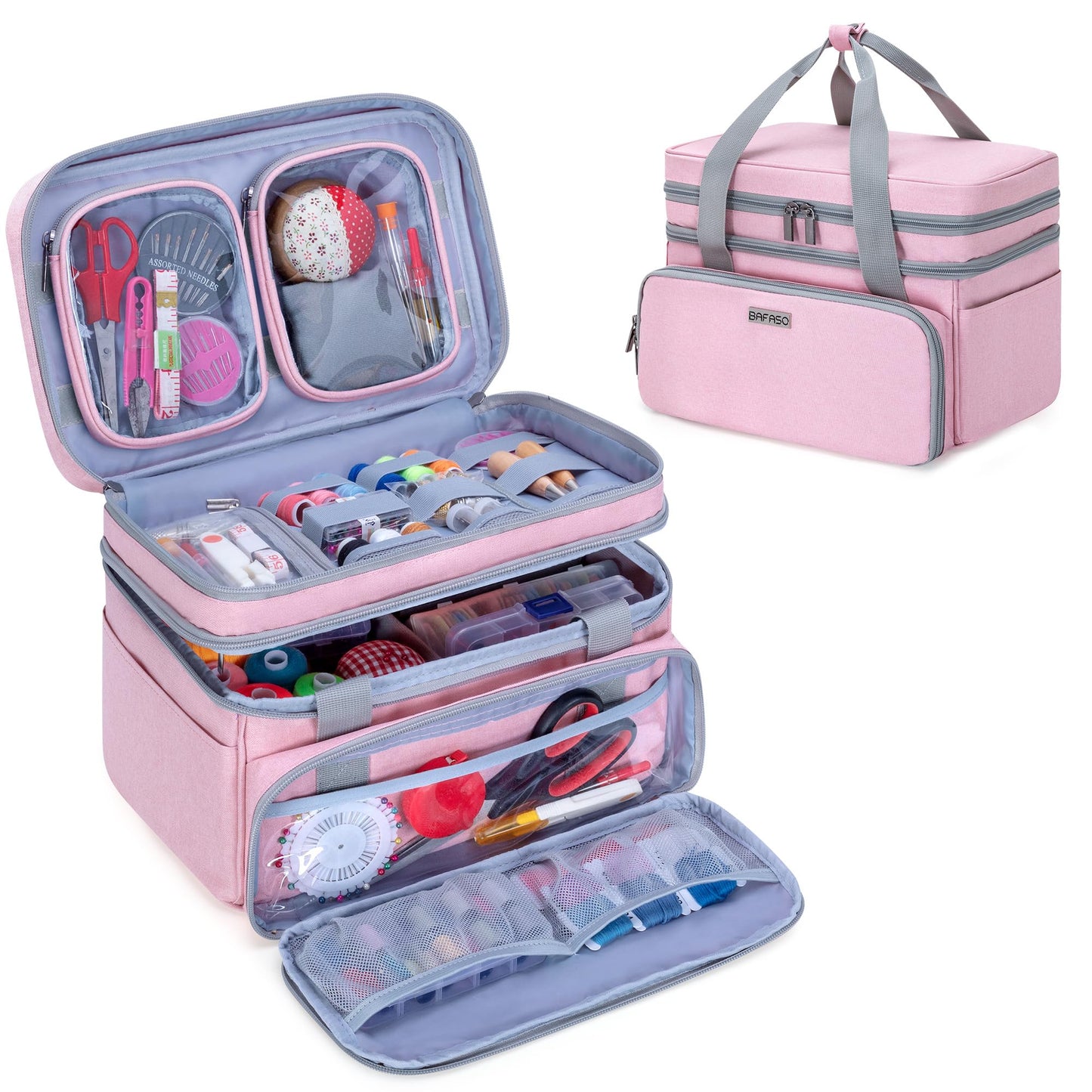 BAFASO Double Layer Sewing Accessories Organizer with 2 Detachable Pouches, Large Sewing Storage Bag for Sewing Tools (Bag ONLY), Pink