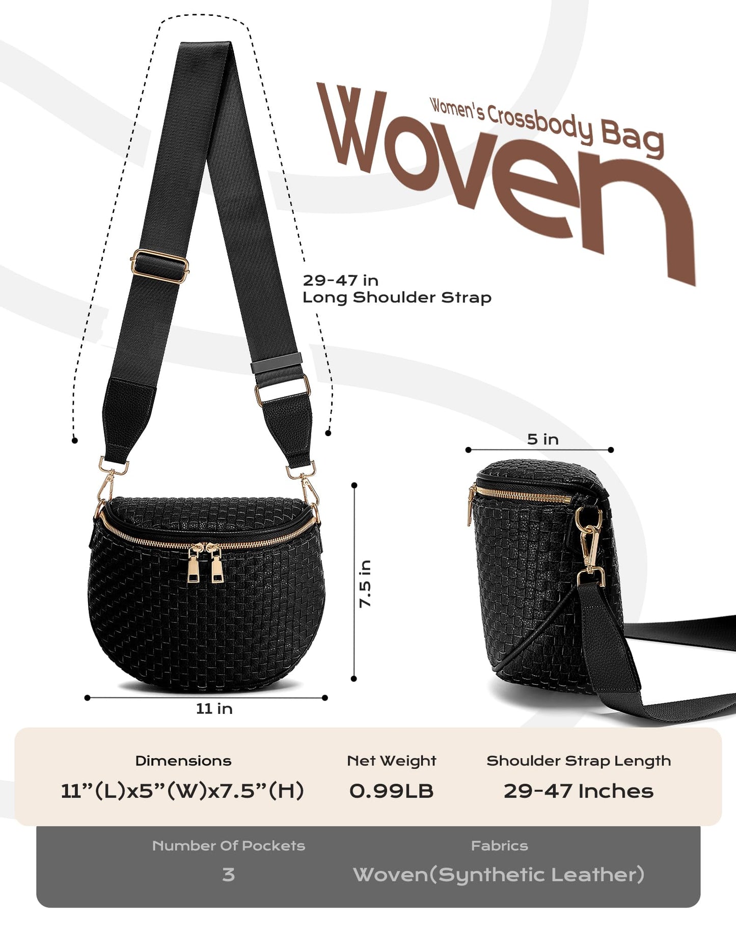 Trendy Woven Checkered Crossbody Bum Bag for Women，PU Leather Checkered Purse Fanny Packs Belt Bag (Woven Bum Bag - Pure Black)