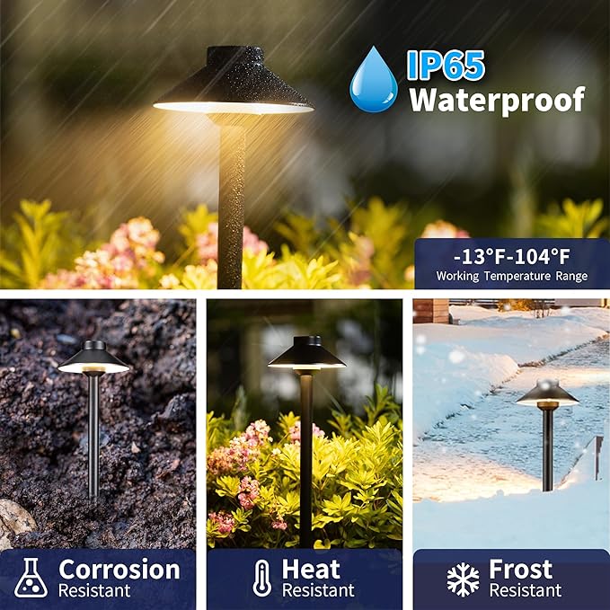 Gardenreet 12v Landscape Lighting Brass - Low Voltage Pathway Lights IP65 Waterproof, Hard-Wired Path Light Outdoor, Mushroom-top Black for Exterior Area Patio House G4 Bulb Not Included (4 Pack)