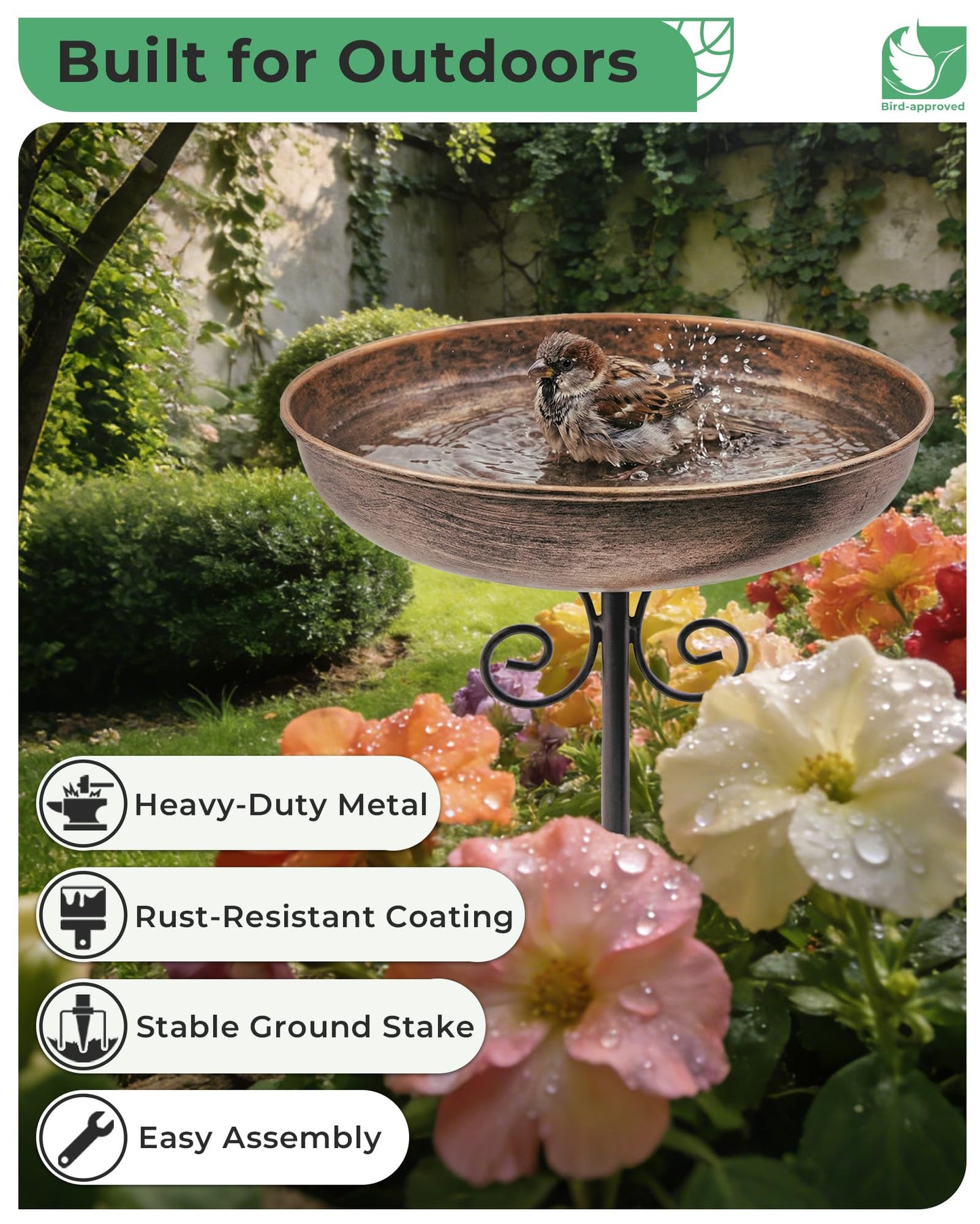 OUISJYER Small Metal Bird Bath for Outdoors, 10" Dia Bowl with Stake Birdbaths Garden Yard Lawn Decor 0.4 Gallon