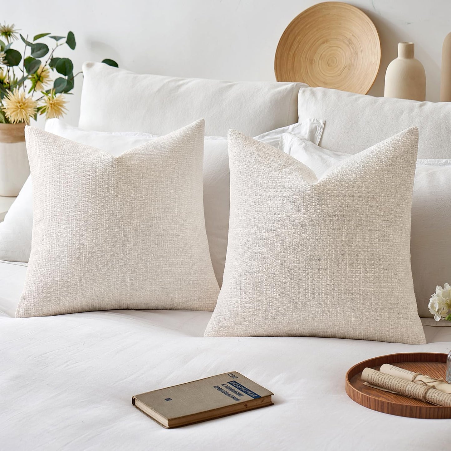 MIULEE Burlap Linen Throw Pillow Covers 18x18 Inch Set of 2 Cream White Christmas Decorative Pillows Modern Farmhouse Soft Accent Cushion Covers for Couch Sofa Bedroom Livingroom Home Decor