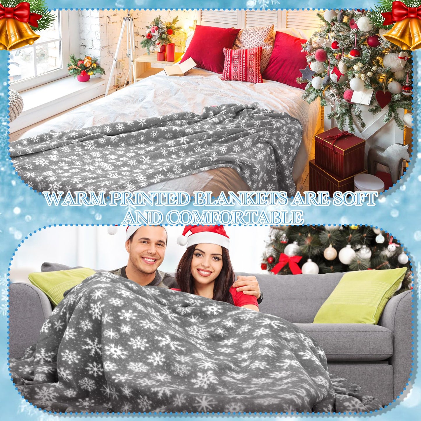 Moukeren 24 Pcs Christmas Snowflake Throw Blanket Bulk, 59 x 47 Inch Xmas Winter Throw Blanket Christmas Warm Soft Cozy Fleece for Home Bedding Couch Chair Gift (Gray)