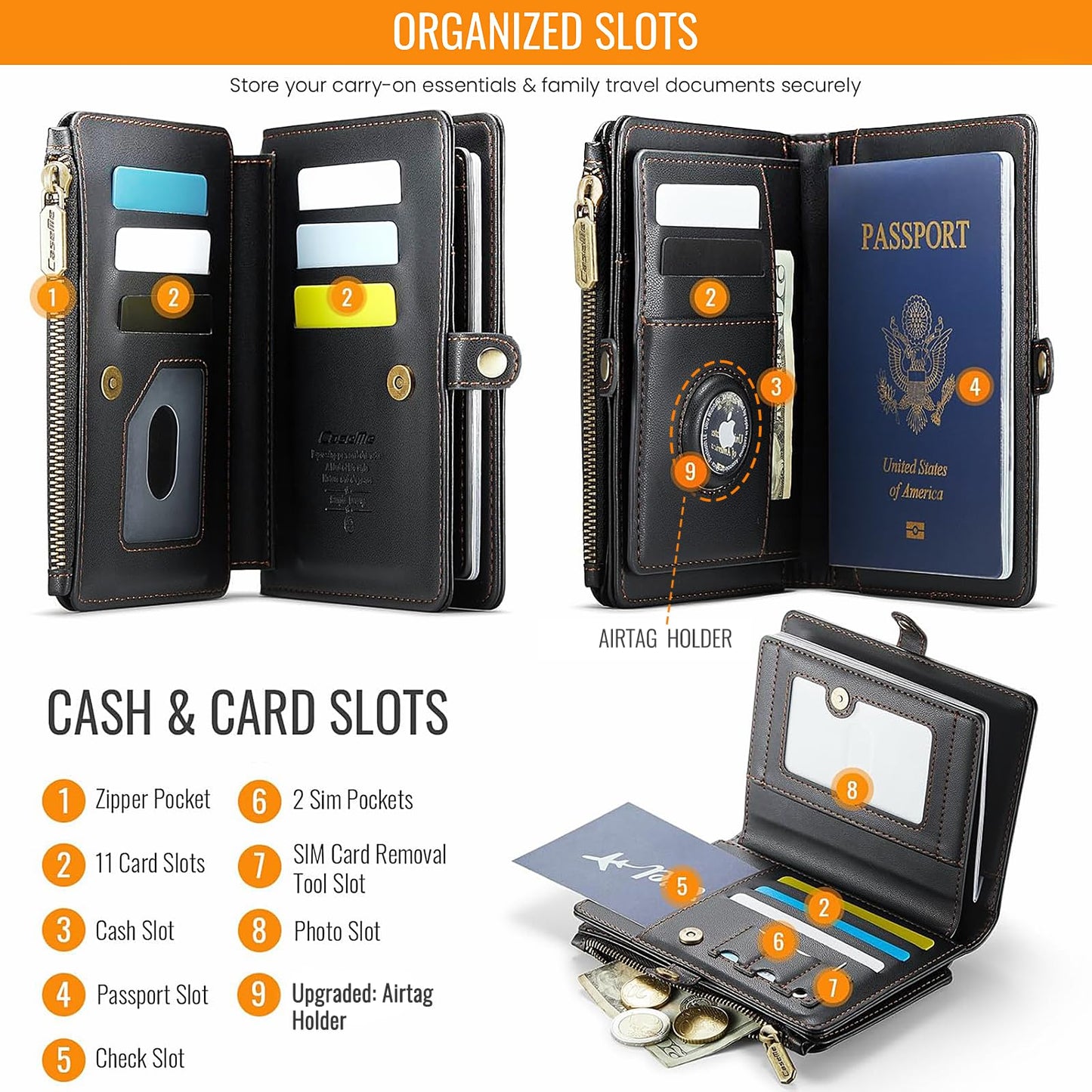 XIMAND Passport Holder Wallet Bag with AirTag Holder, 11 Card Slots and Passport Solt Cash Solt Photo Solt Zipper Pocket, RFID Blocking Wristlet Strap.Black