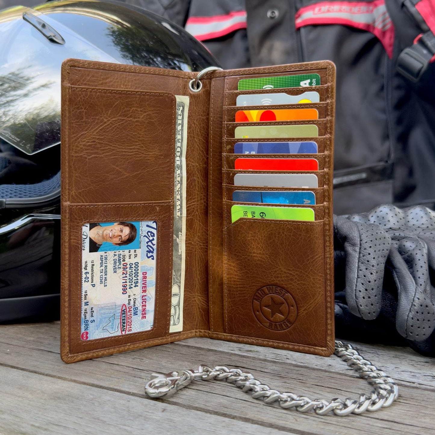 Father's Day Wallet - Tall Wallet w. Chain for Men, Patriotic Biker – Distressed Brown Leather, RFID Blocking, 10 Card Slots with ID Holder, Embossed Motorcycle & American Flag Design, 100% Leather.