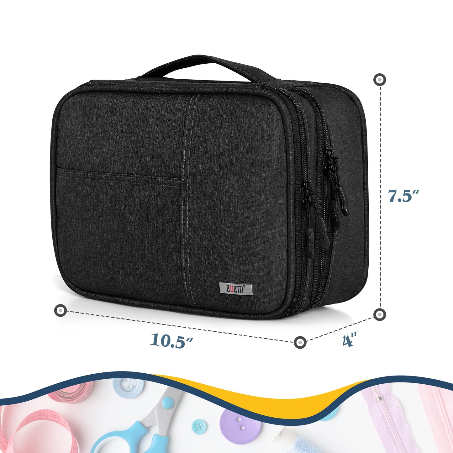BUBM Double Layer Sewing Organizer with Detachable Dividers, Sewing Supplies Organizer for Sewing kits (BAG ONLY), Medium/Black