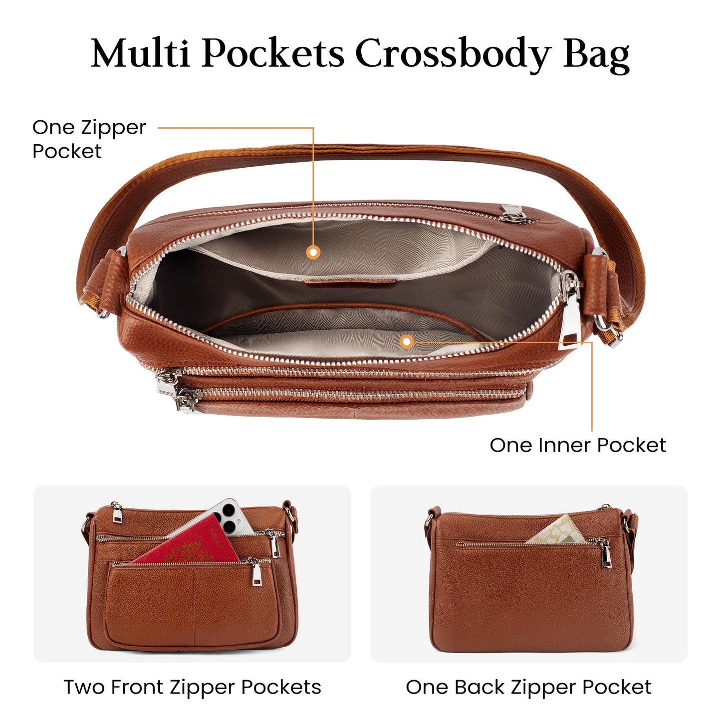 befen Cognac Brown Soft Genuine Leather Crossbody Purse for Women Lightweight Leather Cross Body Shoulder Bags Handbag for Travel