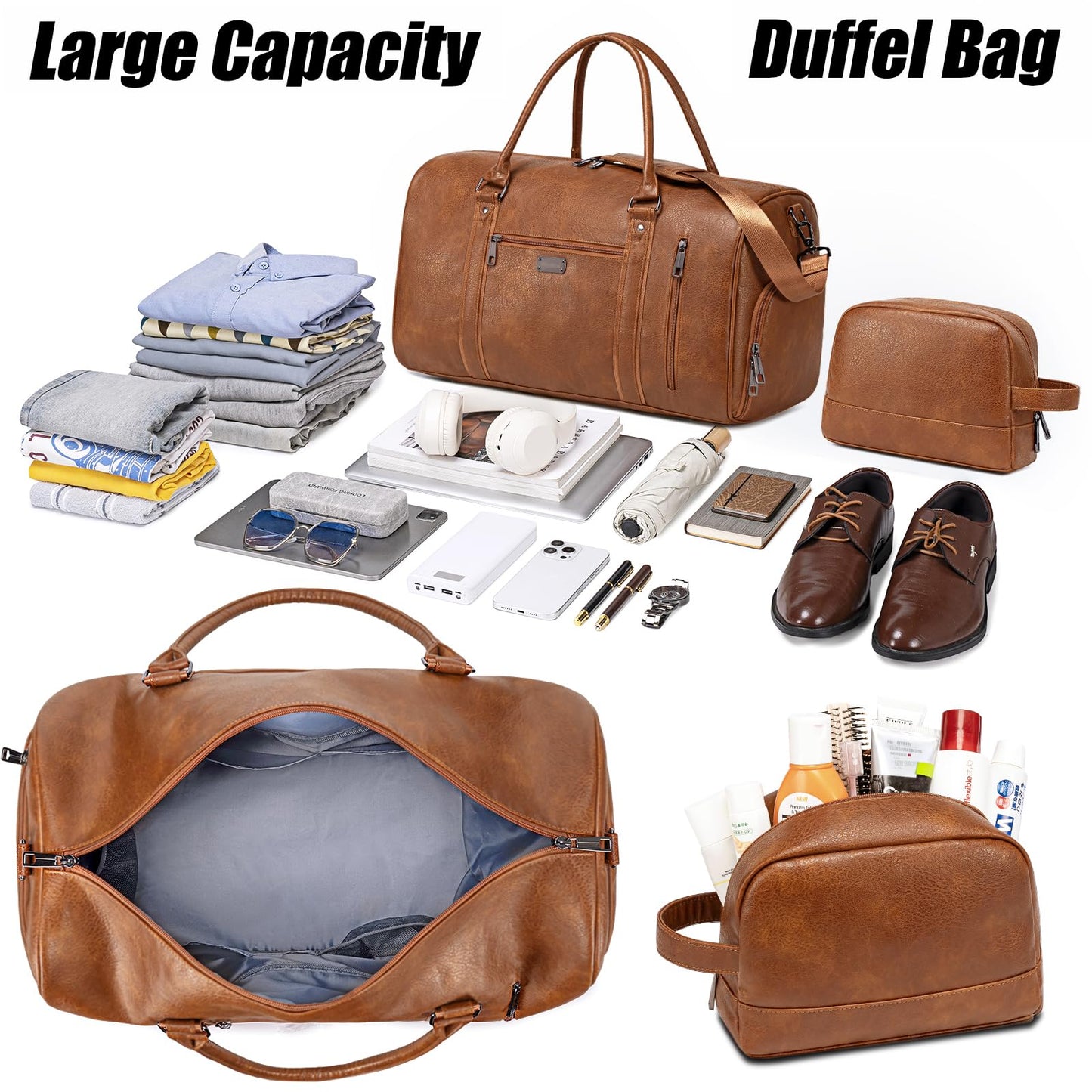Large Travel Duffel Bag for Women Men, Faux Leather Weekender Overnight Bag with Shoe Compartment, Waterproof Carry On Bag with Toiletry Bag, Travel Tote Bag Gym Bag (Brown)