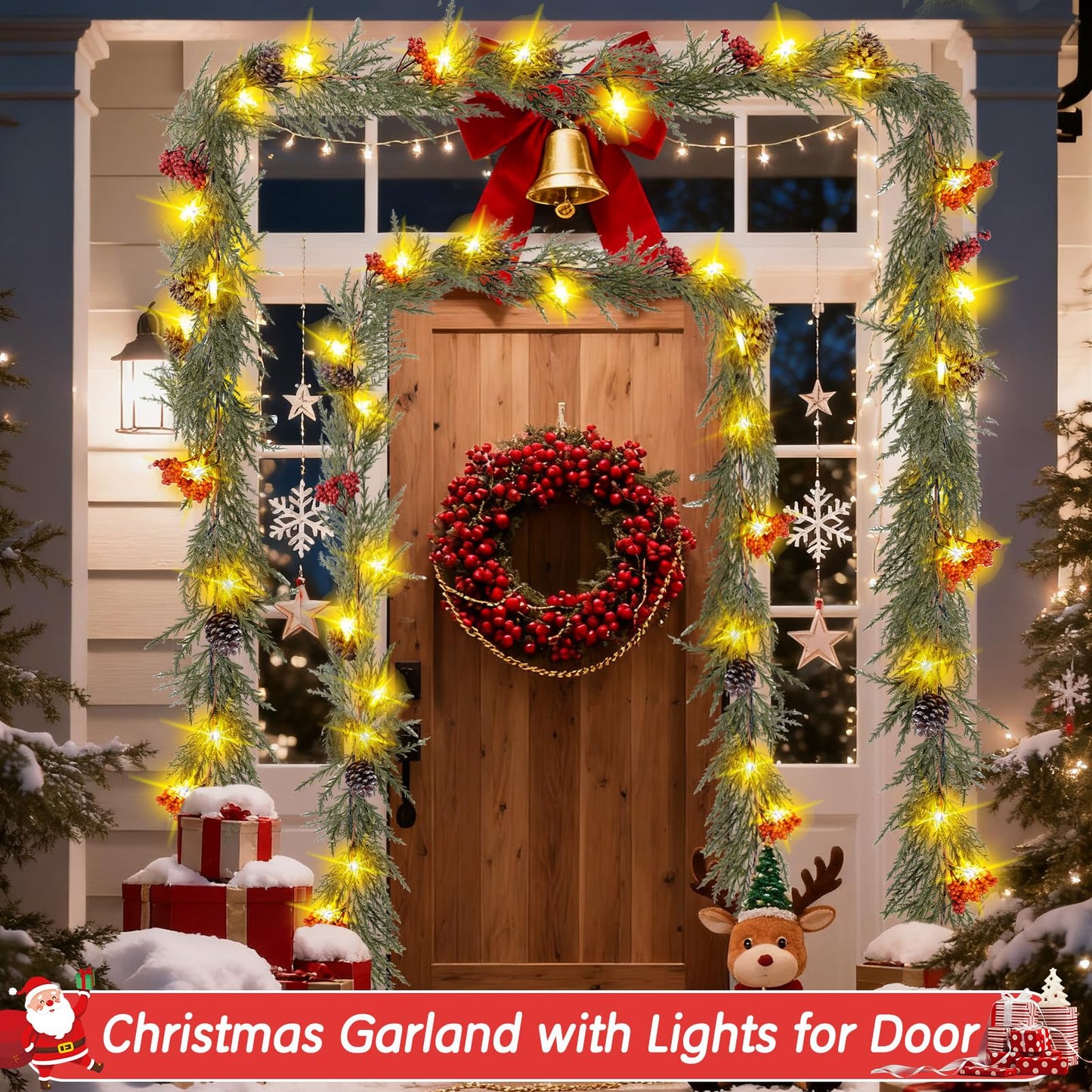 HUZIYAHAN Prelit Christmas Garland with Lights 9FT Christmas Tree Lighted Garland Outdoor Indoor Battery Operated Garland for Mantel Table Porch Stair Wall Winter Home Holiday Christmas Decorations