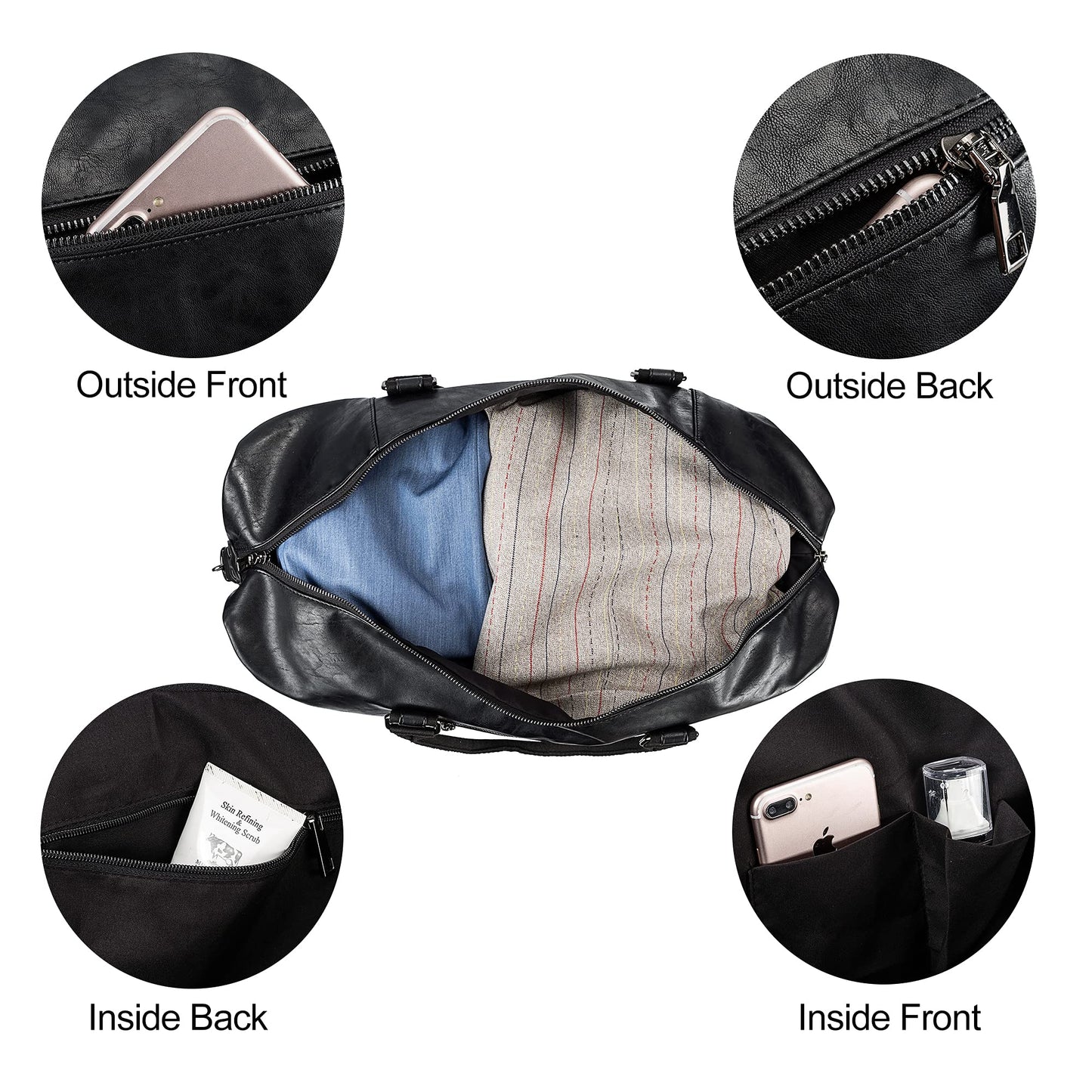 Leather Travel Bag with Shoe Pouch,Weekender Overnight Bag Waterproof PU Leather Large Carry On Bag Travel Tote Duffel Bag for Men or Women-Black