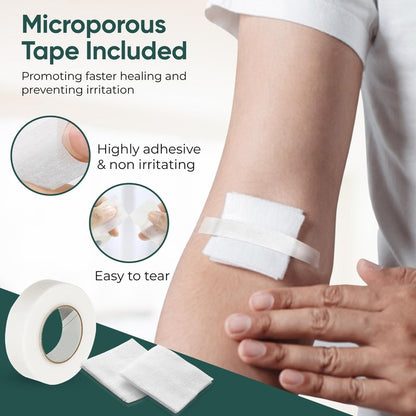 100pc Sterile 4x4 Non-Stick Gauze Pads with Adhesive Medical Tape & 15 Alcohol Wipes – Hypoallergenic Highly Absorbent Non-Adherent Dressing Sponges for Effective Wound Care and First Aid Supplies