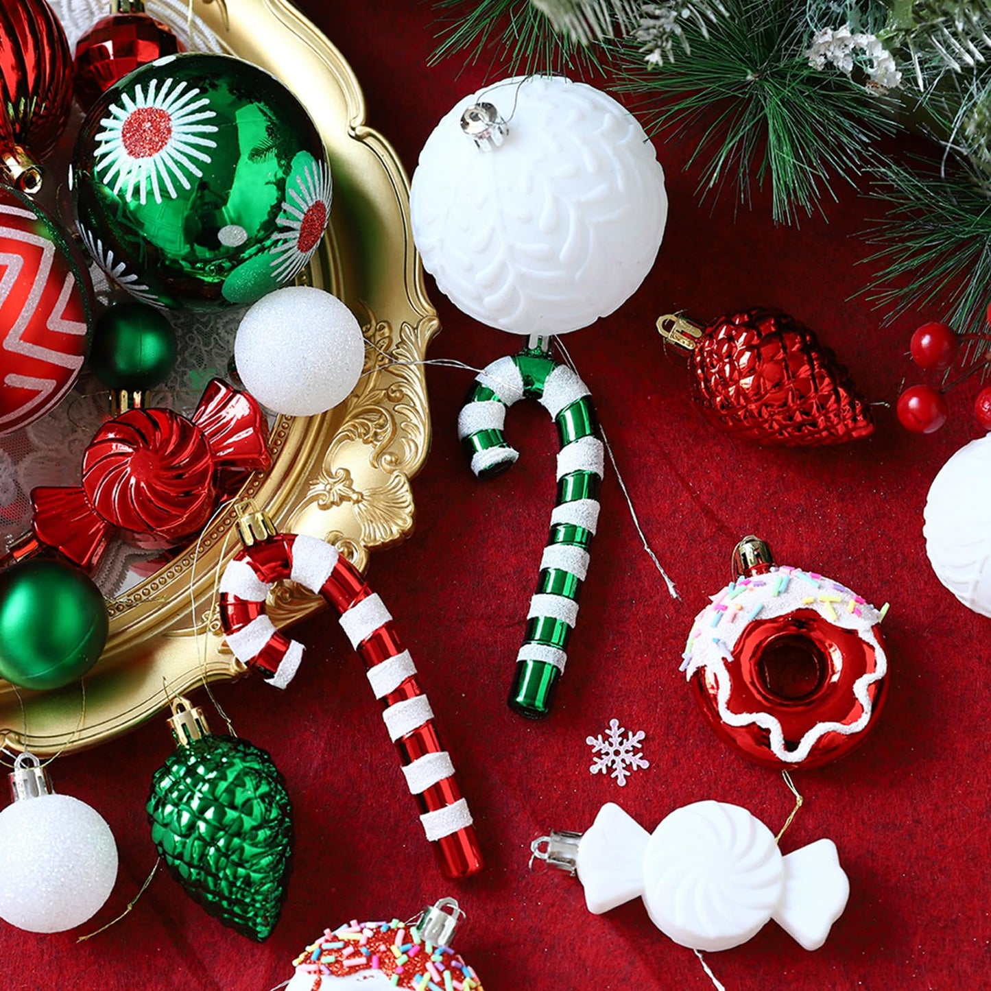 56Pcs 21Styles Christmas Balls Hanging Ornaments Set,Red Green and White Assorted Shatterproof Plastic Christmas Balls Baubles with Candy Canes,Donuts for Xmas Tree Holiday Home Party Decorations