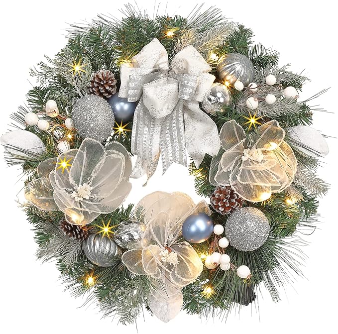 Lighted Christmas Wreath for Front Door with 20 LED Lights,22inch prelit Christmas Wreath with Big Flower and Ball Ornament,Winter Porch Decor,Indoor Outdoor Christmas Silver White Decorations