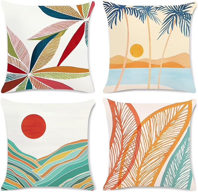 Bonhause Tropical Pillow Covers 20x20 Set of 4 Boho Leaves Palm Tree Summer Beach Decorative Throw Pillow Cases Soft Velvet Outdoor Pillow Covers for Patio Sofa Couch Bedroom Home Decor