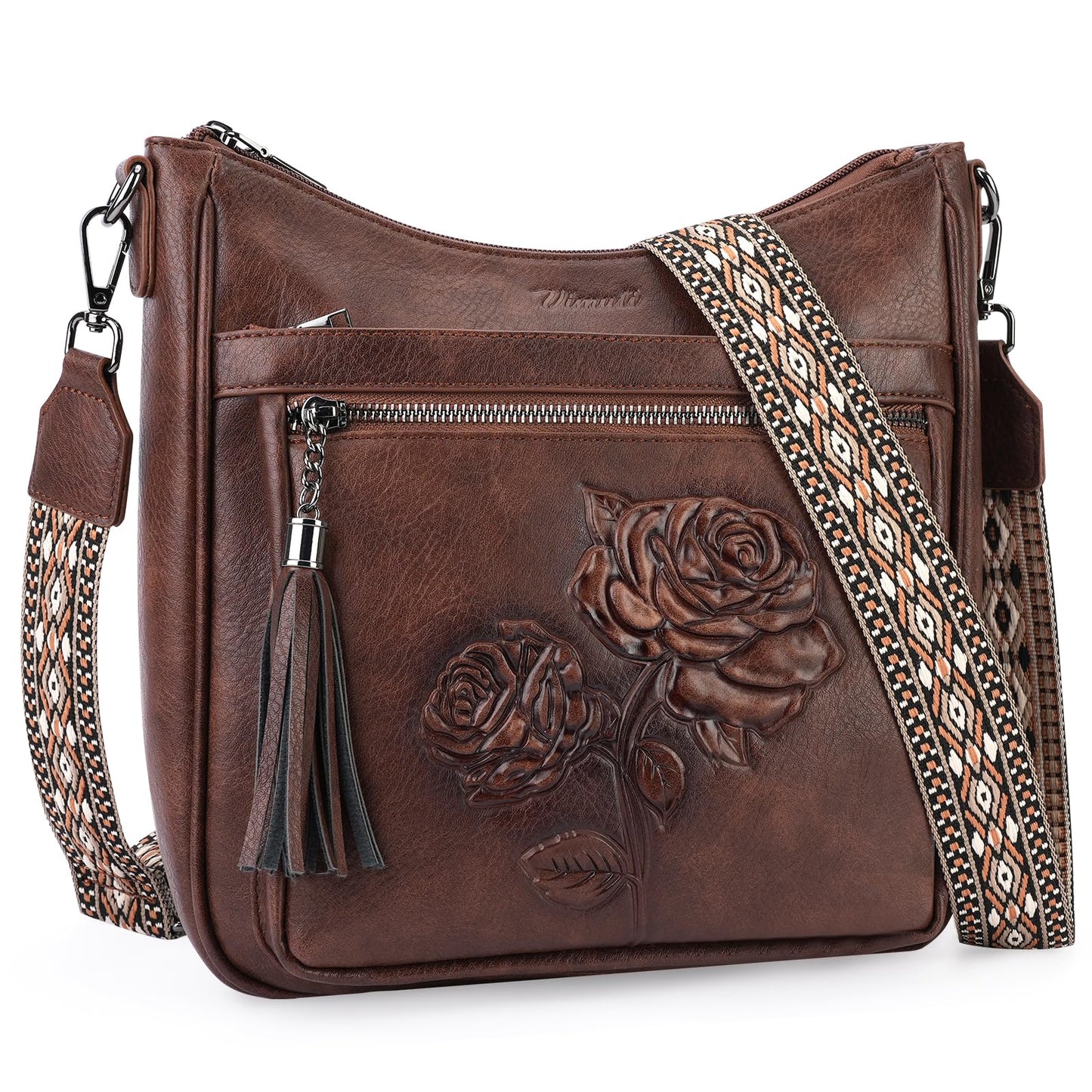 VIMUTI Crossbody Bags for Women Trendy Vegan Leather Hobo Purses for Women Embossed Flower Shoulder Handbags Bucket Bag (03-Coffee)