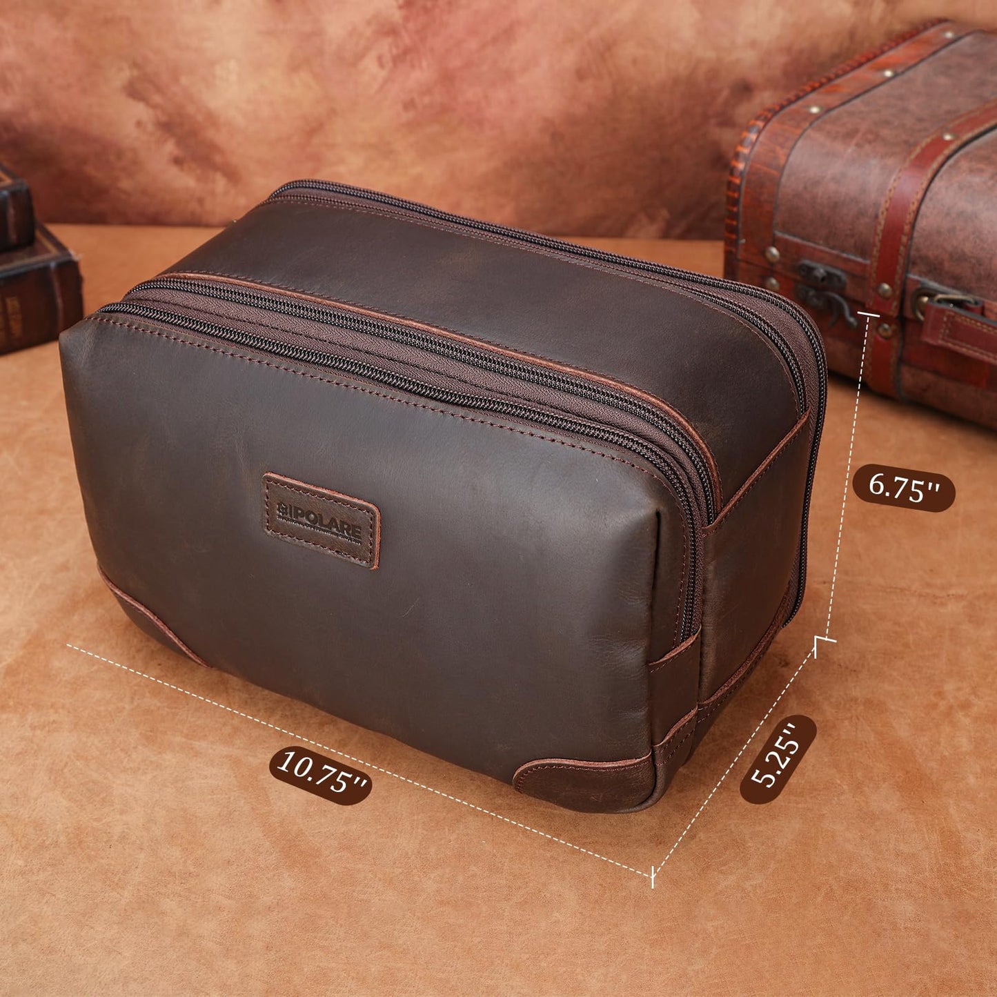 Polare Full Grain Leather Travel Toiletry Bag Dopp Kit Large Cosmetic Travel Case Shaving Kit Wash with YKK Zippers