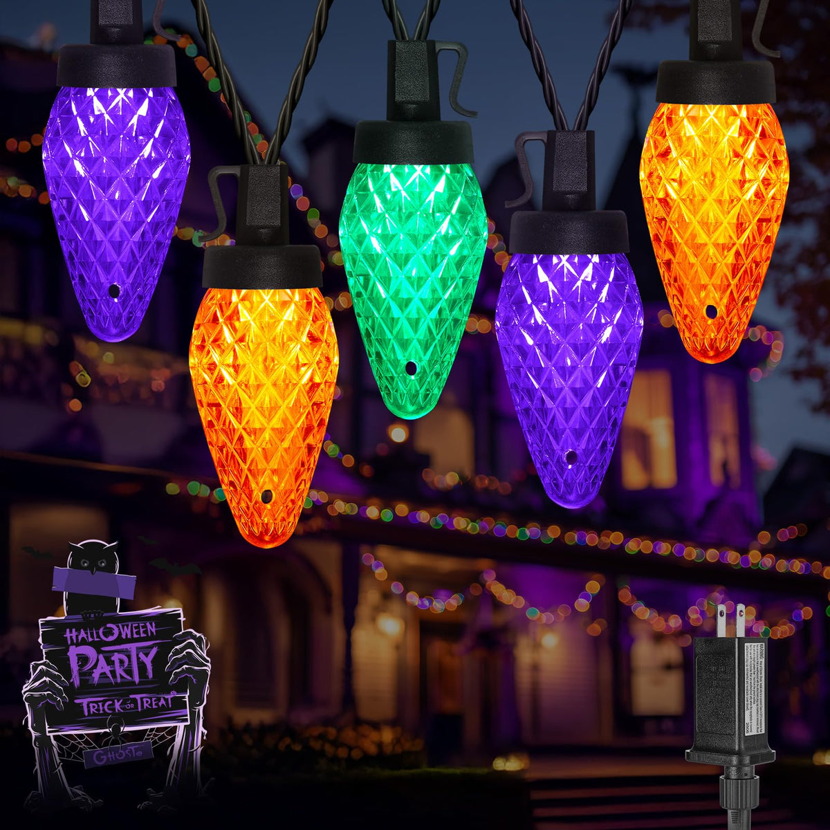 Brightown Halloween C9 LED String Lights, 114FT 150 LED Orange Purple and Green Halloween Lights with Timer & 8 Modes, Plug-in Waterproof Outdoor Lighting for House Patio Yard Porch Roof