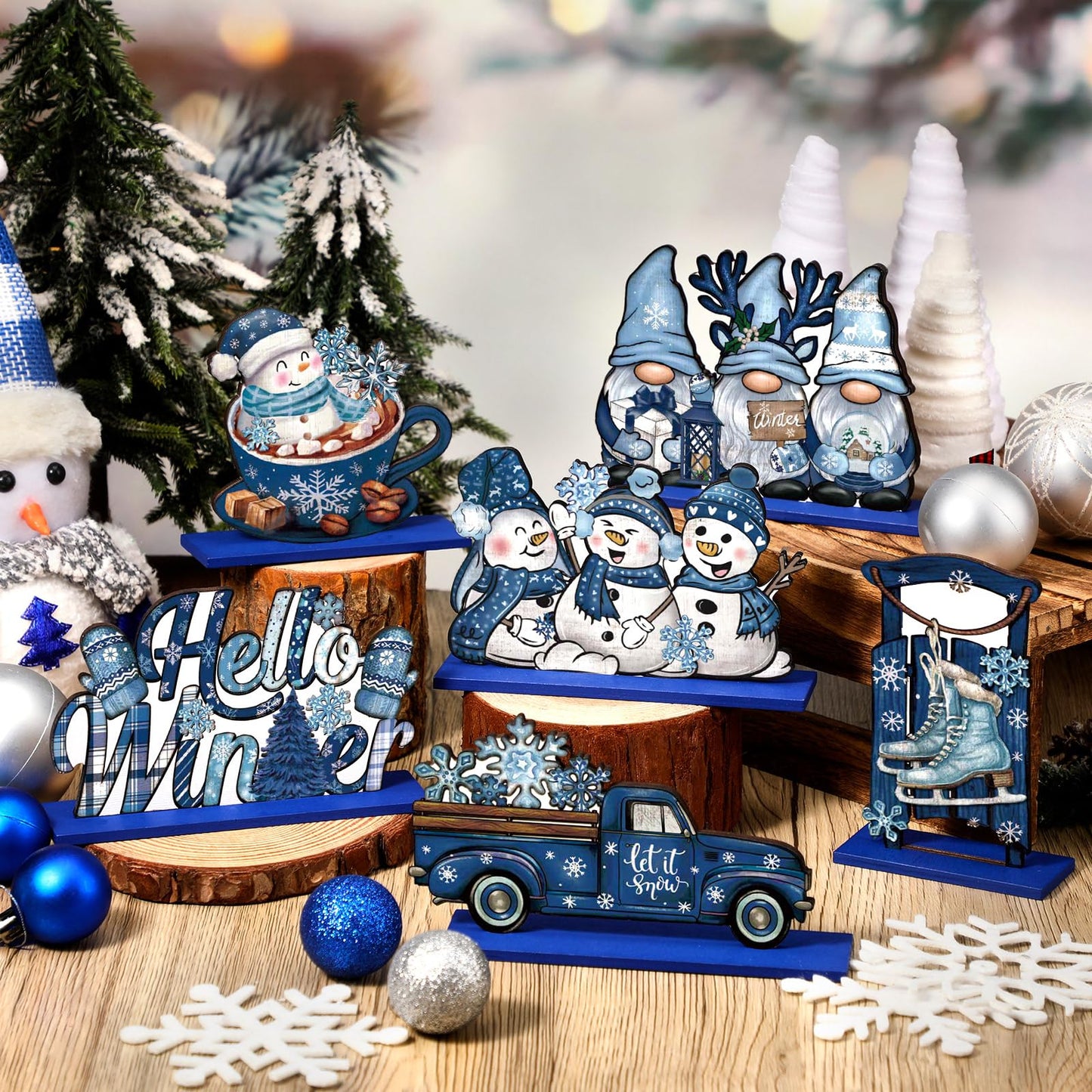 Realspring 6 Pcs Winter Wooden Table Decor Blue Winter Wood Snowman Decorative Gnome Truck Centerpieces Tiered Tray Decor for Kitchen Office Home