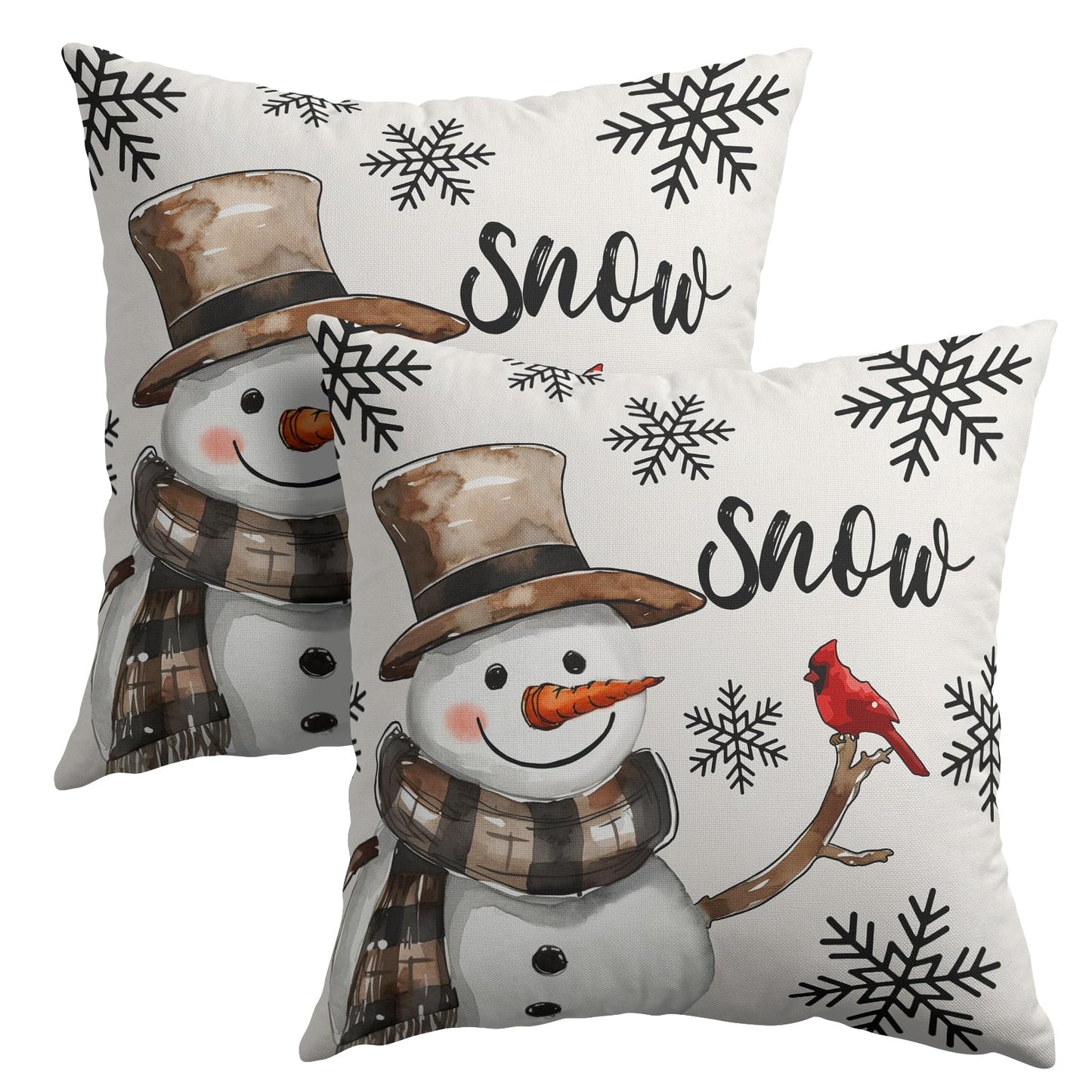 Snowman Throw Pillow Cover Christmas Pillowcase 18x18 Inch Set of 2 Snowflake and Red Cardinal Bird Decorative Cushion Cover Winter Holiday Pillow Protector for Home Sofa Bedroom Decor