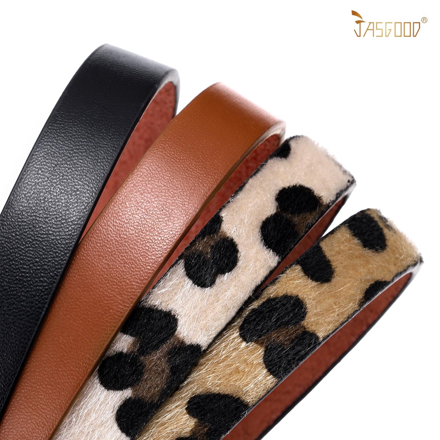 JASGOOD Women Black Skinny Leather Belt for Jeans Pants Fashion Thin PU Leather Waist Belt for Ladies Set of 4(Black+Brown+Leopard,Best for Waist Size 30-36 Inch)