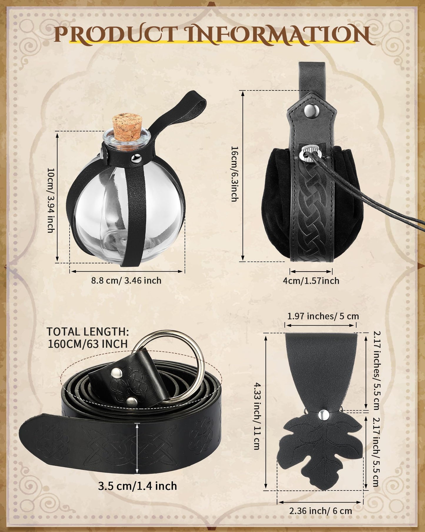Sweetude 6 Pcs Renaissance Belt Accessories Medieval Viking Belt Potion Bottles Leather Pouch Skirt Hikes(Black,Classic Style)