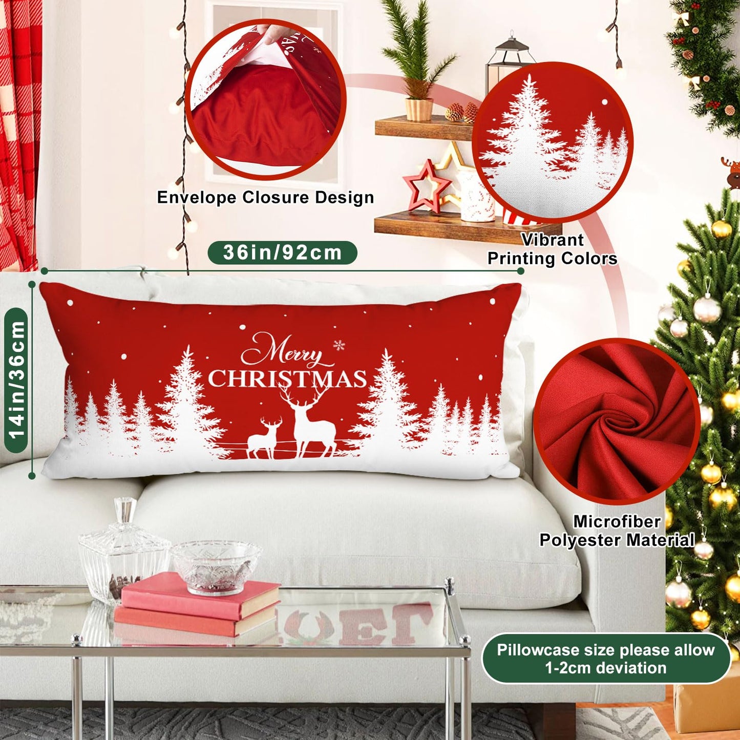 Lanpn Christmas Lumbar Pillowcase 14x36 Set of 2, Red Christmas Tree Snowflake Pillow Cases 14 x 36 Long Big Rectangle Lumbar Bed Pillow Covers Winter Holiday Xmas Throw Pillow Cushion Cover 2 Pack