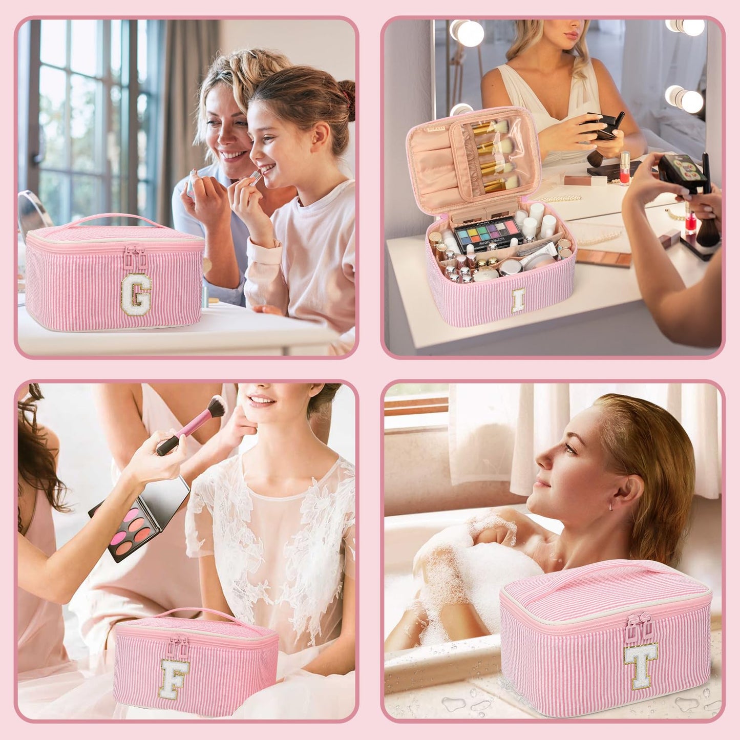 OCHEAL Makeup Bag for Women, Monogram Cosmetic Bag Pink Travel Makeup Case Beauty Toiletry Bag Organizer Personalized Gifts for Girls Bridesmaid, Sister, Wife, Friends Initial A