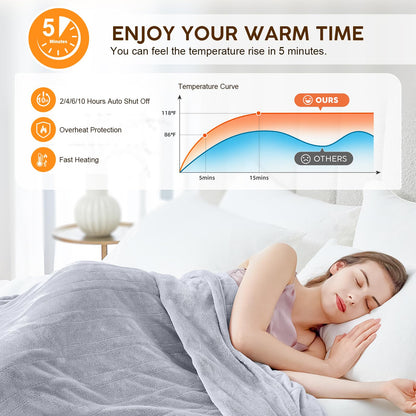 HYLEORY Heated Electric Blanket Throw, 2-Layer Cozy Warm Flannel 50" x 60", Heating Blanket with 9 Heating Levels, 2/4/6/10 Hours Auto Off, Fast Heating Winter Blanket, Dark Grey